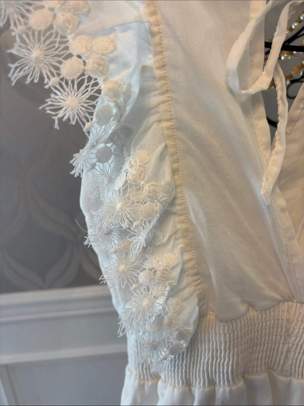 Peixoto Cream Ruffle Lace-Trim Romper